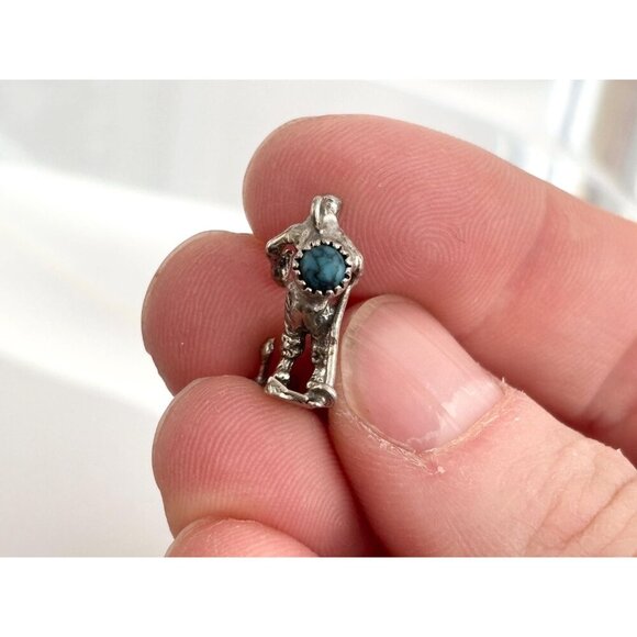 Turquoise Accented Antiqued Sterling Silver Skiier Vintage Pendant | Charm - Picture 8 of 14